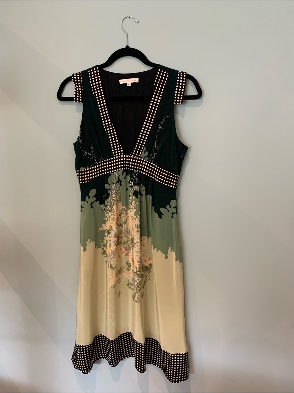 Anthropologie Green and Cream Floral Midi Dress with Embellished Trim